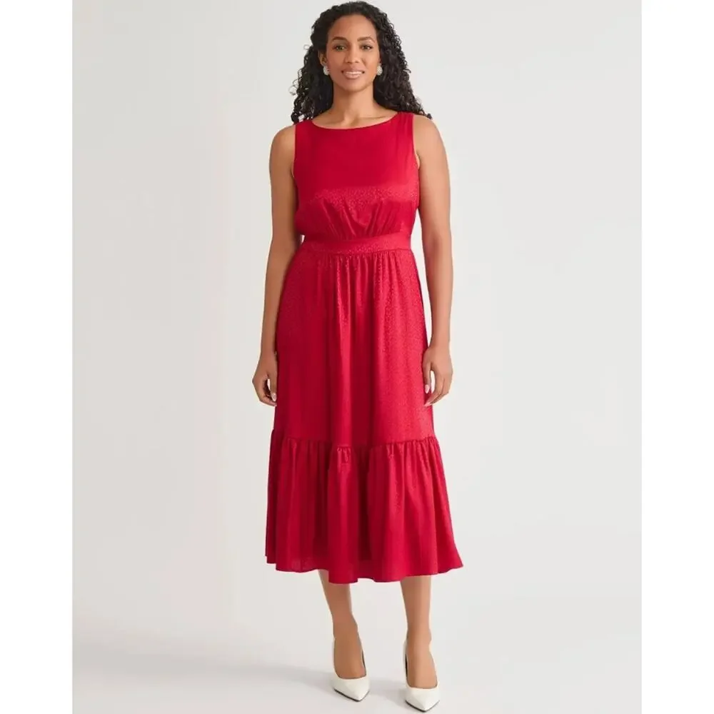 Kasper Women Crimson Red Satin Tiered Sleeveless Boat Neck Midi Dress Size L - Picture 1 of 5